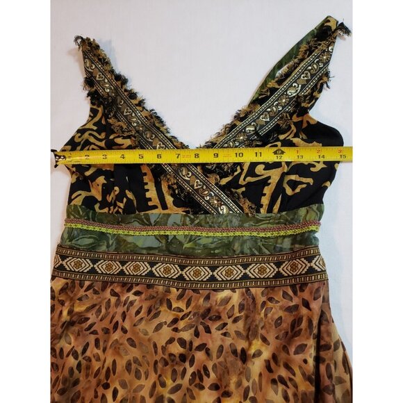 Faith tribal print midi dress boho fringe trim beaded embroidered smocked Size M - Picture 11 of 16